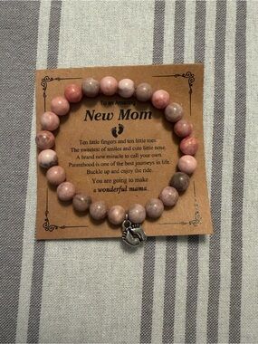 New Mom Pink Beaded Stretch Bracelet with Footprint Charm
